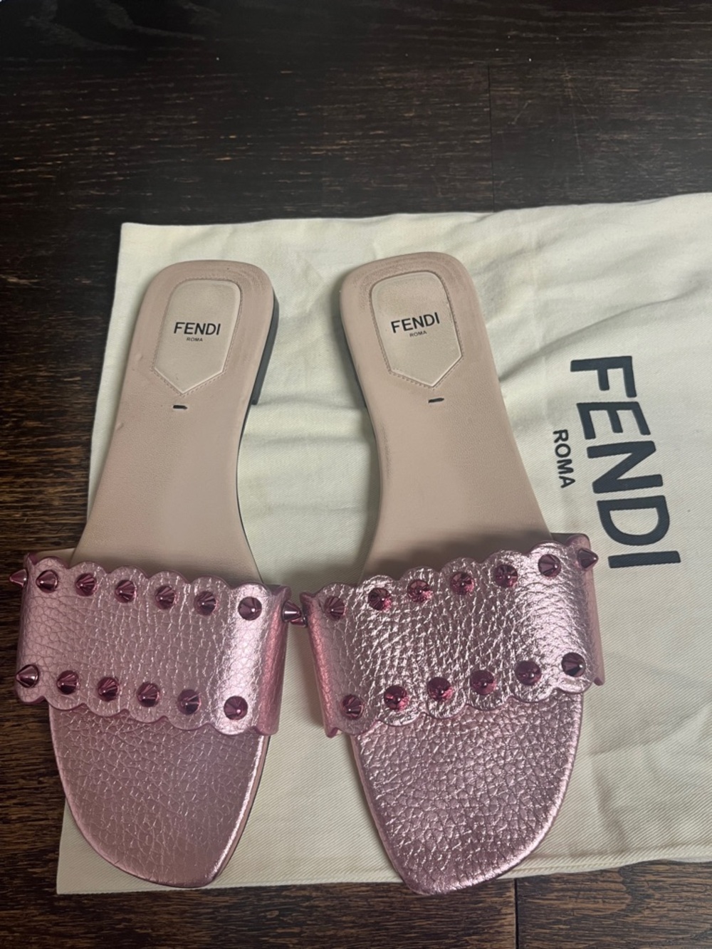 Fendi Pink Metallic Crystal-Stud Pebbled Leather Slide Mules